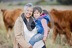 Bonding, happy and portrait of a grandmother with child on a farm for farming experience in South Africa. Nature, love