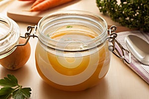 Bone broth made from chicken in a glass jar