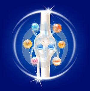 Bone with omega 3, glucosamine and vitamins. Joint treatment arthritis knee pain in leg on a blue background.