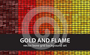 Bone pattern set Gold and Flame. Vector seamless backgrounds