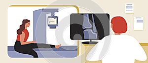 Bone x-ray, room rontgen, flat vector stock illustration with radiologist and x-ray machine, examining a patient with pain