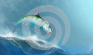 Bonefish jumping out of the waves against the backdrop of the ocean.