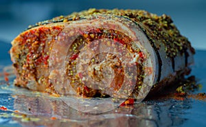 Boneless British rind-on pork loin joint, prepared in marinades, crackling joint