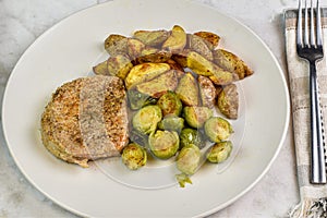 boneless pork chop with rosted brussel sprouts