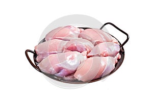 Boneless and skinless Raw Chicken leg thigh fillet. Isolated on white background. Top view.