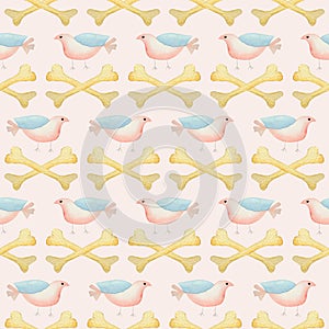 Bones and birds in a seamless pattern