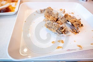 Bones of fried chicken and some scrap on white dish after eating roasted.
