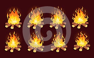 Bonfire animation. Loop animated fire, game campfire cartoon frame energy 2d burn forest woods flames storyboard sprite