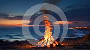 Bonfire on the beach in the evening. Beautiful sunset over the sea. traveling and enjoyment concept