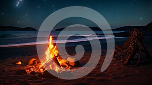 Bonfire on the beach at night with stars in the sky, AI Generated