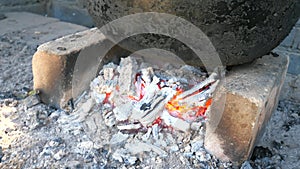 Bonfire bellow big enamel cauldron, strong traditional goulash is the basic stone for family event.