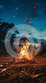 Bonfire burning bright in night field