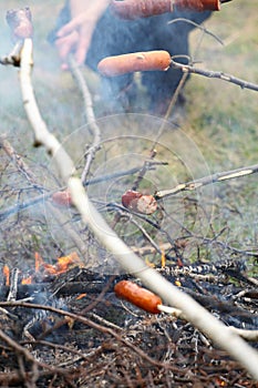 Bonfire campfire fire Flames sausage on the BBQ