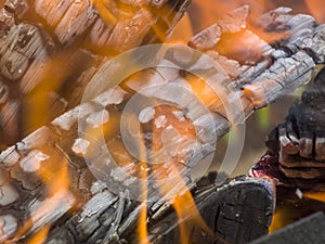 Bonfire, campfire, pyre in the day time. Round logs burning. The production of charcoal for the barbecue