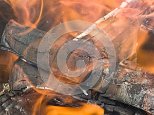 Bonfire, campfire, pyre in the day time. Round logs burning. The production of charcoal for the barbecue