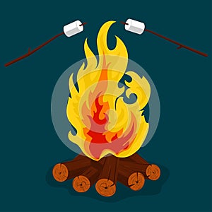 Bonfire - camping, burning woodpile, campfire or fireplace. Vector photo