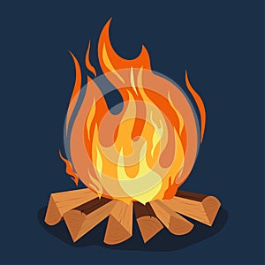 Bonfire - camping, burning woodpile, campfire or fireplace. Vector photo