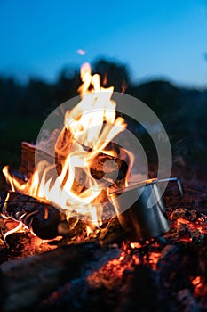 Bonfire in the dark woods next rock