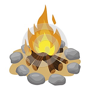 Bonfire fenced with stones cartoon icon. Campfire, burning fuelwood, woodpile.