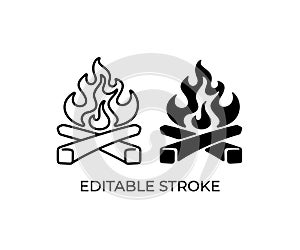 Bonfire, fire, flame, burning and firewood, editable stroke, silhouette and linear design