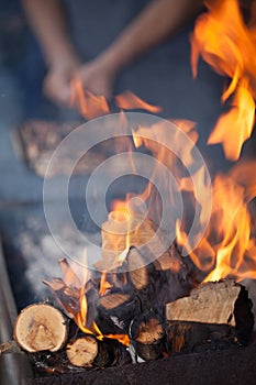 Bonfire. Fire wood. Grilling and cooking fire. Woodfire with flames.