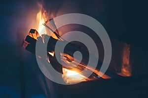 Bonfire. Firewood burn in the grill, BBQ