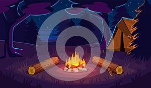 Bonfire in forest. Night glade with campfire, camping tent and logs for sitting, evening landscape, outdoor vacation