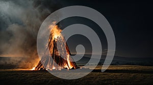 Bonfire giant in contryside. Isolated on black background. Space for text. photo
