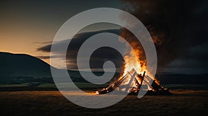 Bonfire giant in contryside. Isolated on black background. Space for text. photo