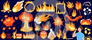 Bonfire, hot flame of fire vector illustration set, cartoon flat red flamed effect collection with fireball explosion