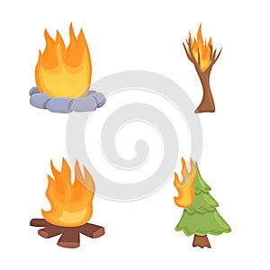 Bonfire icons set cartoon vector. Burning tree and bonfire