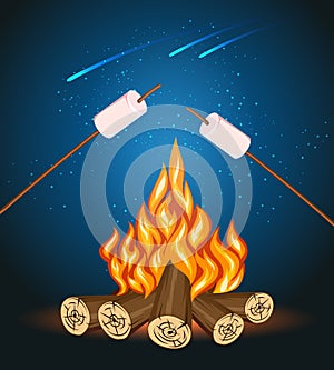 Bonfire with marshmallow, camping grill marshmallow vector illustration