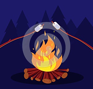 Bonfire and marshmallow. Friends in night camping at campfire. Marshmallow vector concept