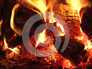 Bonfire at night. Close-up. Burning logs and embers background.