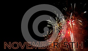 Bonfire night, November 5th, UK celebrates Guy Fawkes night with fireworks. With copyspace.