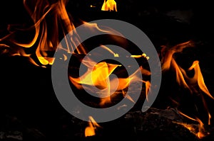 Bonfire with orange flames dark night in a under a blurred background, Flame, heat fire abstract background black background,