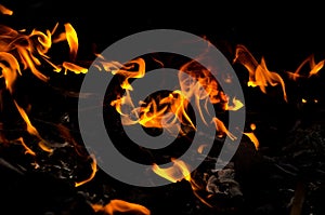 Bonfire with orange flames dark night in a under a blurred background, Flame, heat fire abstract background black background