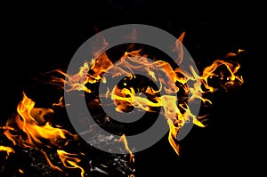 Bonfire with orange flames dark night in a under a blurred background, Flame, heat fire abstract background black background