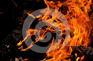 Bonfire with orange flames dark night in a under a blurred background, Flame, heat fire abstract background black background