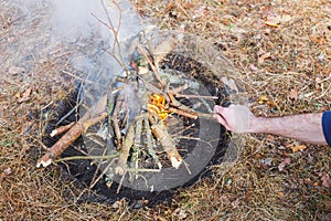 Bonfire in the spring forest on the background of withered grass. In the frame of the hand of a man.