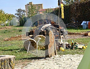 Bonfire  tobacco bag  drums  aromatic plants and offerings for the temazcal.