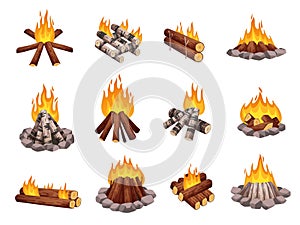 Bonfires types. Different ways of laying logs in campfires, woodpile made various trees, burning wood stack, flame