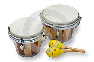 Bongo Drums and Maracas Isolated on White