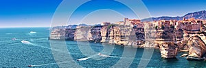 Bonifacio on beautiful white rock cliff with sea bay, Corsica, France, Europe.