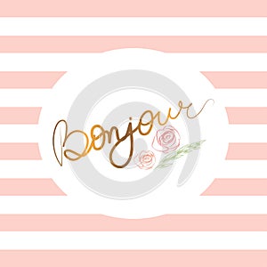 Bonjour gold rose pink white stripes preppy card banner background cover photo