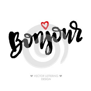 Bonjour lettering phrase with small red heart