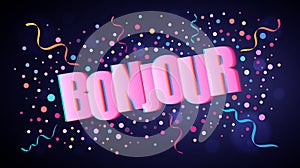 Bonjour overlapping festive lettering with colorful round confetti