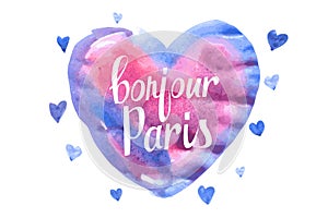 Bonjour Paris card with watercolor hearts