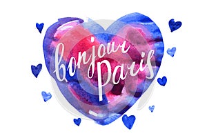 Bonjour Paris card with watercolor hearts