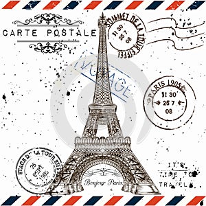 Bonjour Paris. Imitation of vintage post card with Eiffel tow